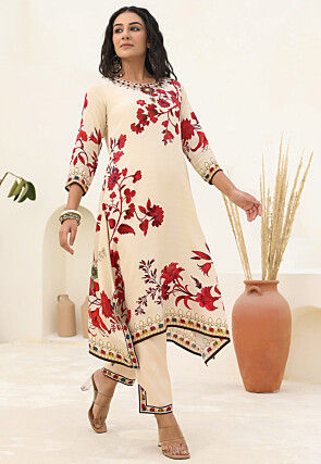 Digital Printed Crepe A Line Kurta Set in Cream