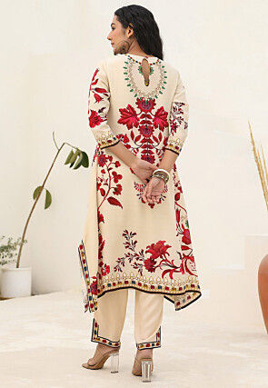Digital Printed Crepe A Line Kurta Set in Cream