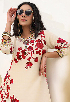 Digital Printed Crepe A Line Kurta Set in Cream