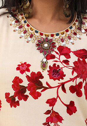 Digital Printed Crepe A Line Kurta Set in Cream