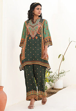 Digital Printed Crepe A Line Kurta Set in Dark Olive Green