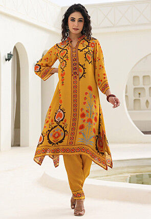 Digital Printed Crepe A Line Kurta Set in Mustard