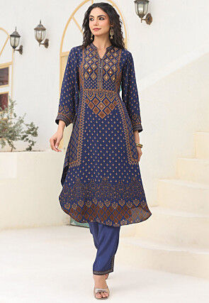 Digital Printed Crepe A Line Kurta Set in Navy Blue