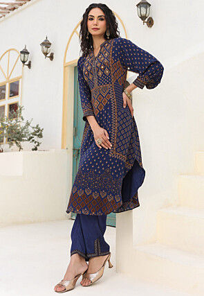 Digital Printed Crepe A Line Kurta Set in Navy Blue