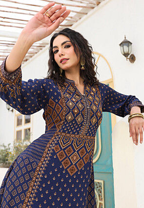 Digital Printed Crepe A Line Kurta Set in Navy Blue