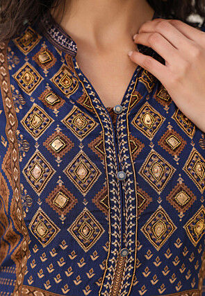 Digital Printed Crepe A Line Kurta Set in Navy Blue