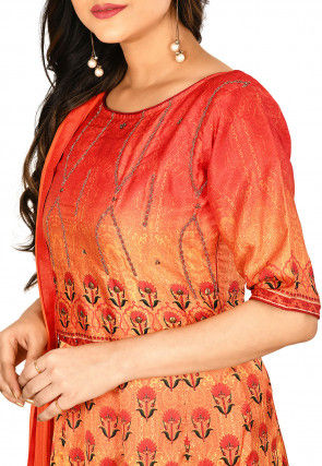 Digital Printed Crepe Abaya Style Suit in Orange