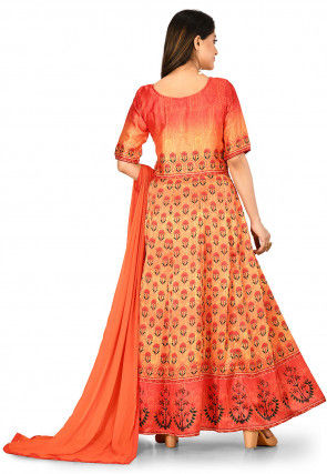 Digital Printed Crepe Abaya Style Suit in Orange