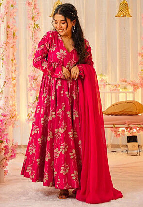 Digital Printed Crepe Abaya Style Suit in Pink