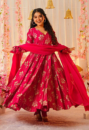 Digital Printed Crepe Abaya Style Suit in Pink