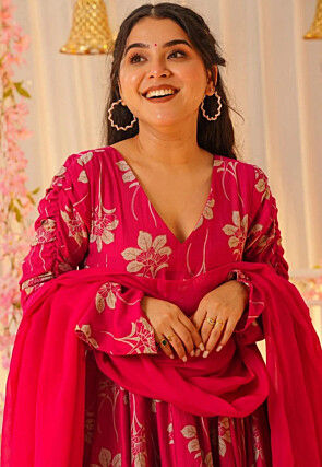 Digital Printed Crepe Abaya Style Suit in Pink