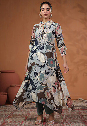 Digital Printed Crepe Aline Kurta Set in Grey and Multicolor