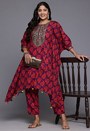 Digital Printed Crepe Asymmetric Kurta Set in Purple