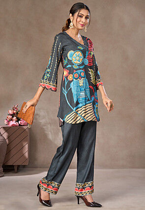 Digital Printed Crepe Co Ord Set in Dark Grey