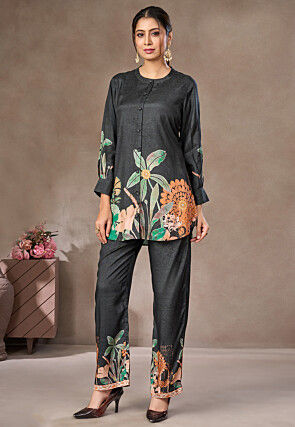 Digital Printed Crepe Co Ord Set in Dark Grey