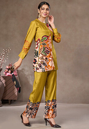 Digital Printed Crepe Co Ord Set in Olive Green