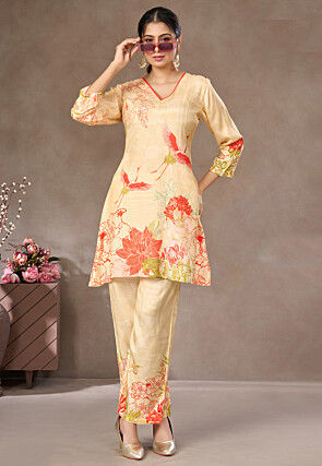 Digital Printed Crepe Co Ord Set in Light Beige