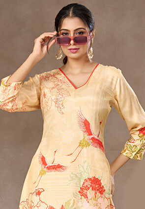 Digital Printed Crepe Co Ord Set in Light Beige