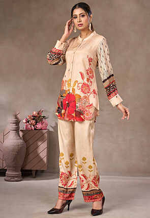 Digital Printed Crepe Co Ord Set in Light Beige