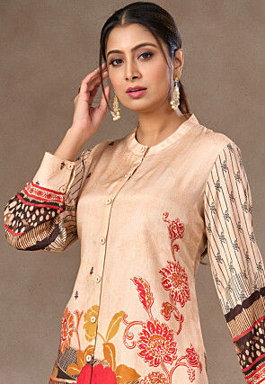 Digital Printed Crepe Co Ord Set in Light Beige