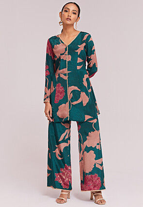 Digital Printed Crepe Co Ord Set in Teal Blue