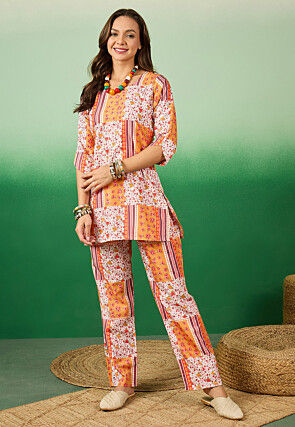 Digital Printed Crepe Co Ord Set in White and Light Orange