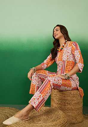 Digital Printed Crepe Co Ord Set in White and Light Orange