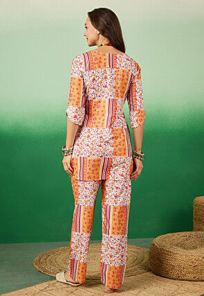 Digital Printed Crepe Co Ord Set in White and Light Orange