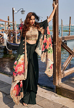 Digital Printed Crepe Crop Top Set in Black