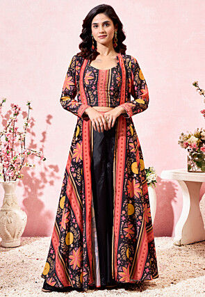 Digital Printed Crepe Crop Top Set in Black