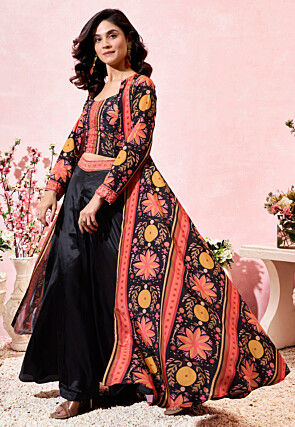 Digital Printed Crepe Crop Top Set in Black