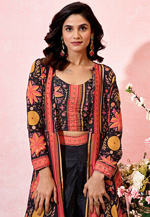 Digital Printed Crepe Crop Top Set in Black