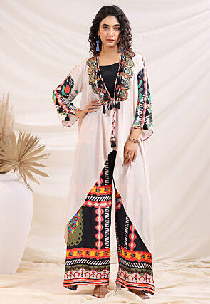 Digital Printed Crepe Crop Top Set in Black