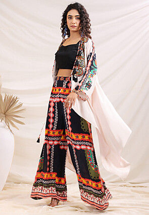 Digital Printed Crepe Crop Top Set in Black