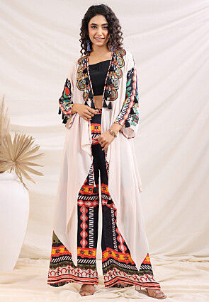 Digital Printed Crepe Crop Top Set in Black