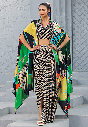 Digital Printed Crepe Crop Top Set in Cream and Black