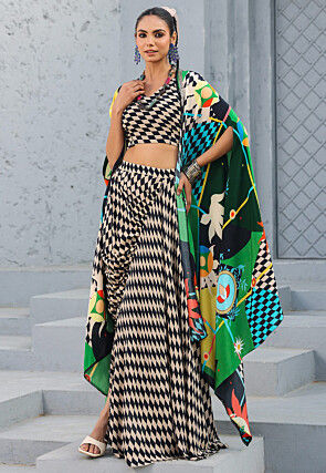 Digital Printed Crepe Crop Top Set in Cream and Black