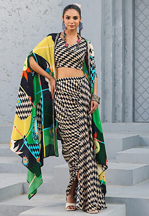 Digital Printed Crepe Crop Top Set in Cream and Black