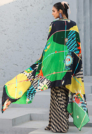 Digital Printed Crepe Crop Top Set in Cream and Black