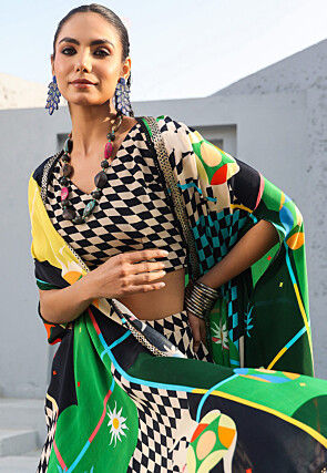 Digital Printed Crepe Crop Top Set in Cream and Black