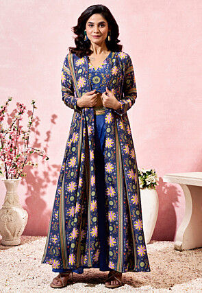 Digital Printed Crepe Crop Top Set in Dark Blue