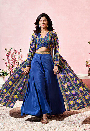 Digital Printed Crepe Crop Top Set in Dark Blue