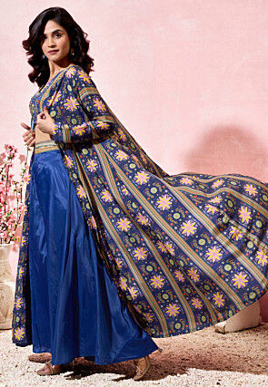 Digital Printed Crepe Crop Top Set in Dark Blue