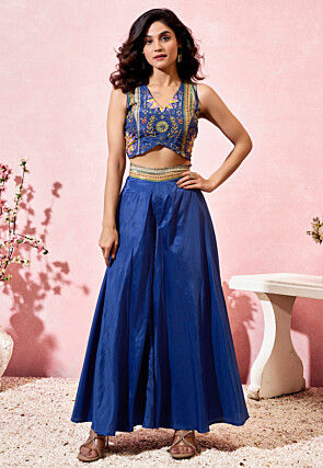 Digital Printed Crepe Crop Top Set in Dark Blue