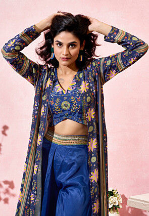 Digital Printed Crepe Crop Top Set in Dark Blue