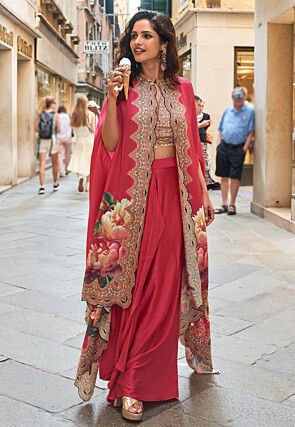 Digital Printed Crepe Crop Top Set in Fuchsia