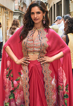 Digital Printed Crepe Crop Top Set in Fuchsia