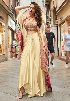 Digital Printed Crepe Crop Top Set in Light Beige