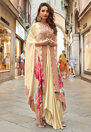 Digital Printed Crepe Crop Top Set in Light Beige