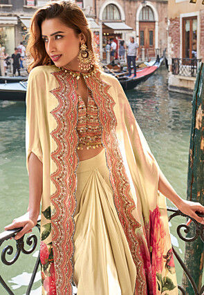 Digital Printed Crepe Crop Top Set in Light Beige